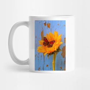 Butterfly Resting On Sunflower With Blue Wall Mug